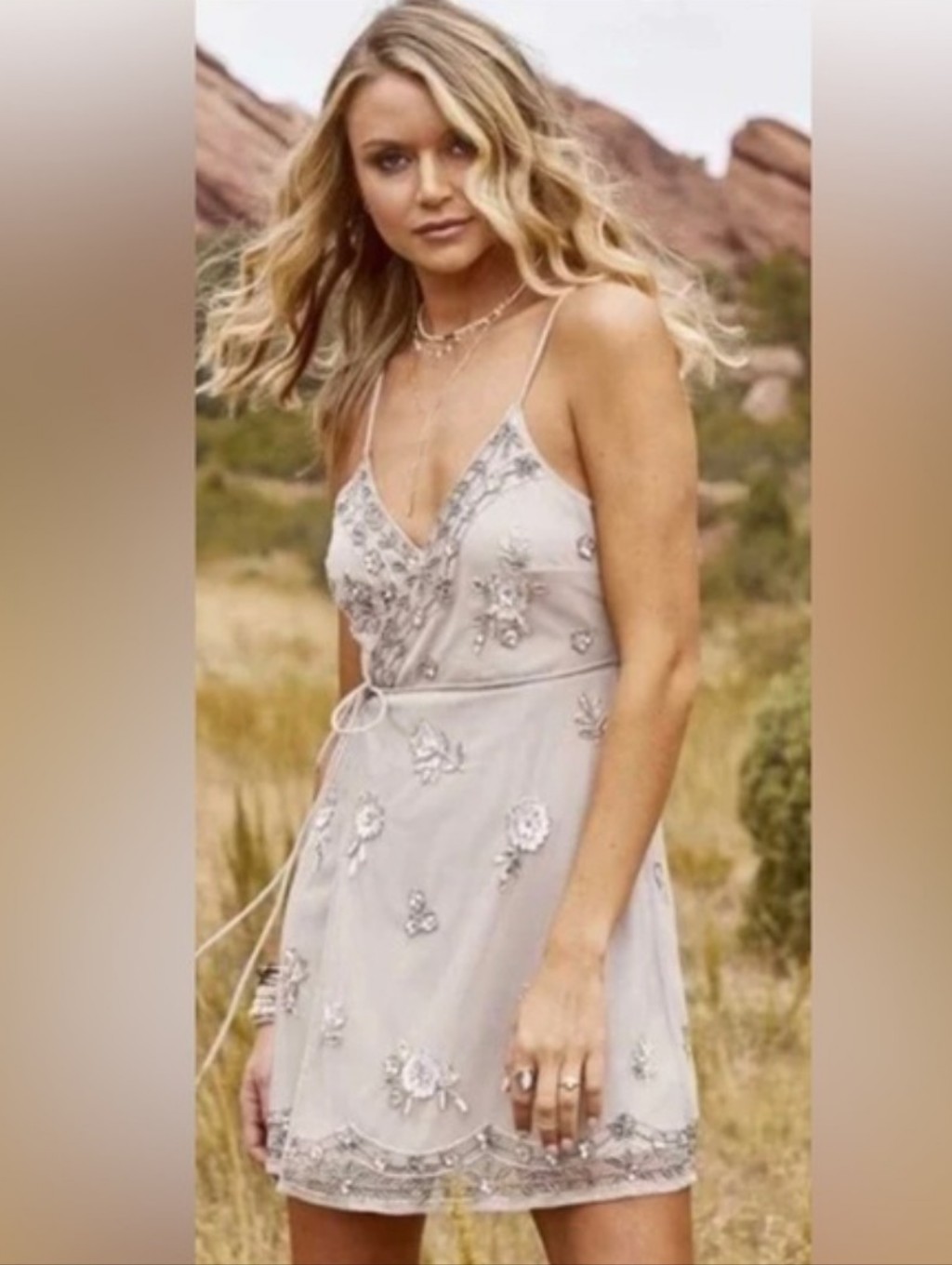 Altar'd State Silver Embellished Spaghetti-Strap Mini Dress